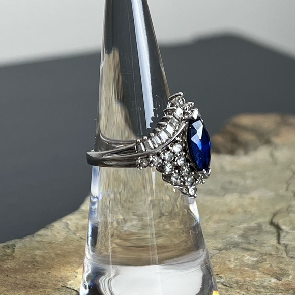 Sterling lab created sapphire and diamond ring. Size 6. - Picture 3 of 7